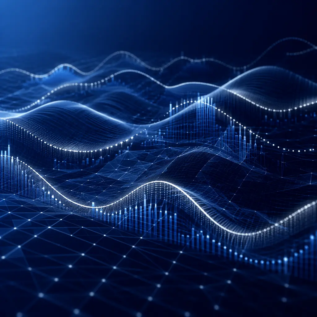 Abstract visualization of financial data patterns represented by undulating light waves and geometric grids in deep blue tones
