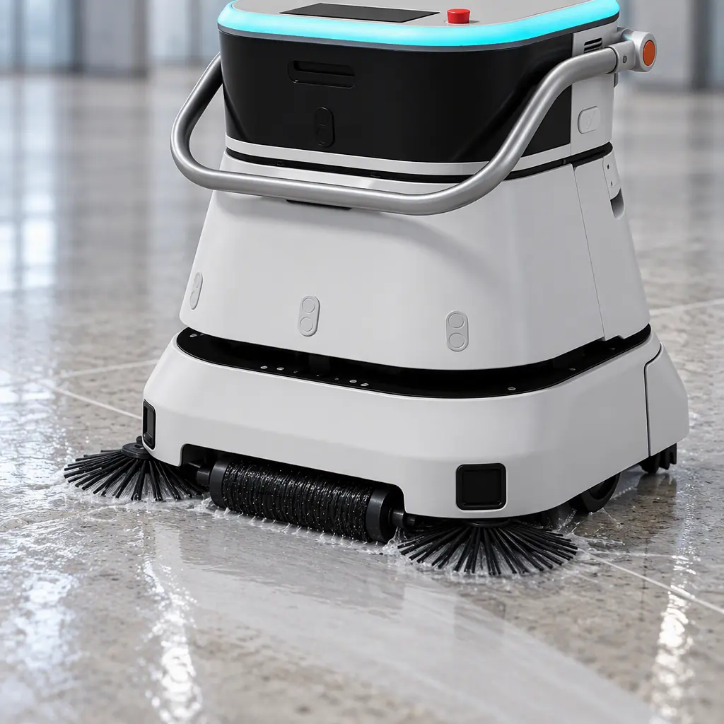 Photorealistic close view of an autonomous cleaning robot's brush deck and squeegee assembly working a wet stone floor, no people and no text
