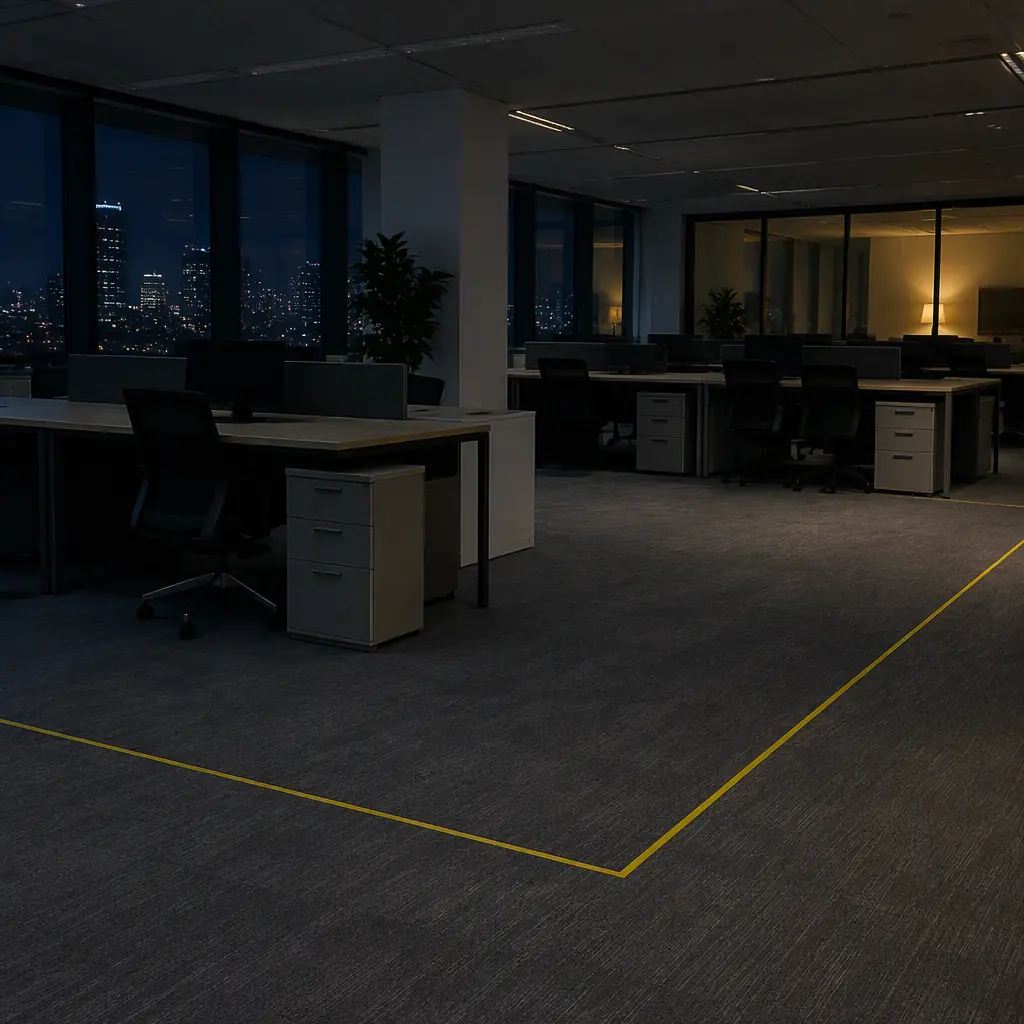 Photorealistic photograph of a single white autonomous cleaning robot operating alone during an overnight trial on a polished office floor with visible route markings, no people and no text