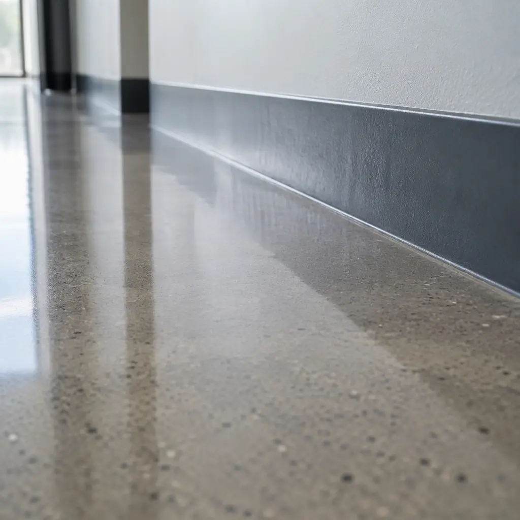 Photorealistic overhead photograph of a commercial hard floor after cleaning, uniformly reflective surface with clean edge lines along the wall, no people and no text