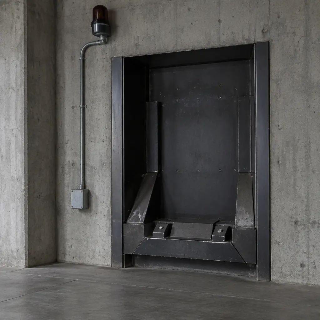 Photorealistic photograph of a wall-mounted charging dock for service robots in a service corridor with status indicator lights, no people and no text