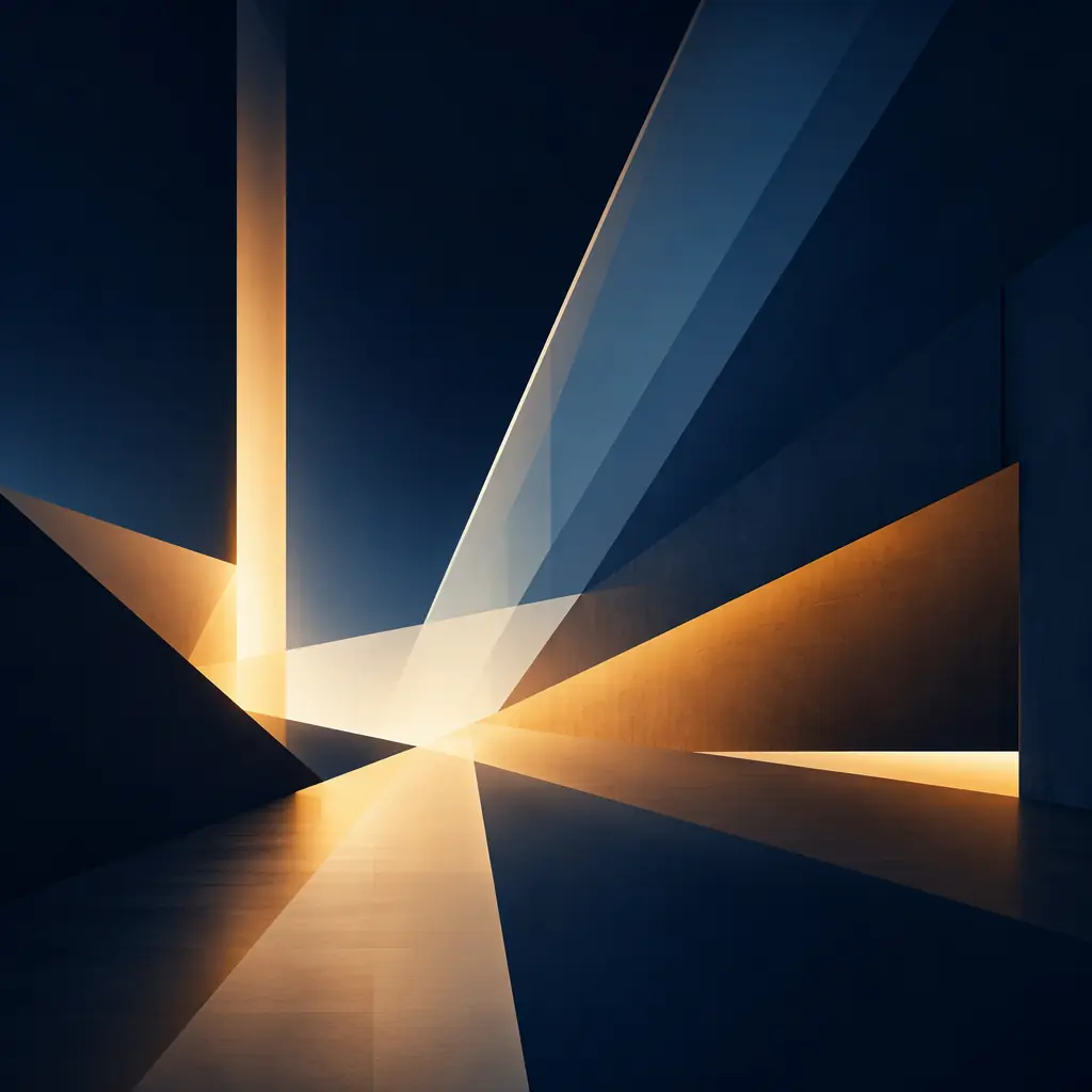 Abstract geometric composition of intersecting light planes forming structured pathways against a deep navy background with amber accent beams