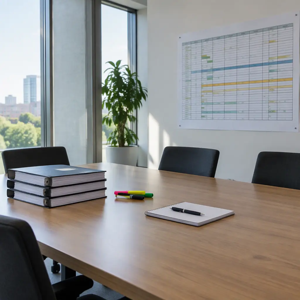 Photorealistic photograph of a bright empty meeting room with a large printed comparison table pinned to the wall and a stack of vendor proposal folders on the table, no people faces and no text