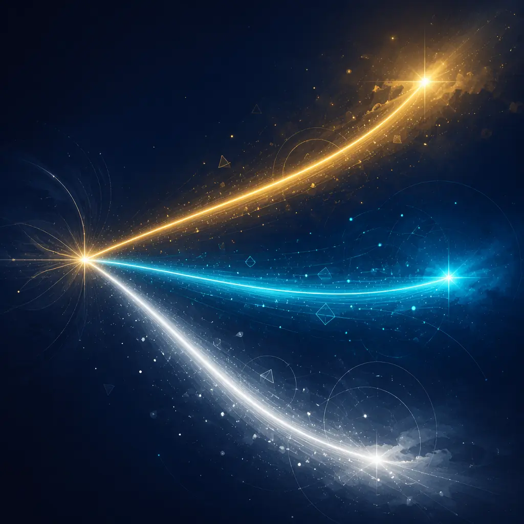 Abstract visualization of financial decision pathways represented by intersecting light beams forming a three-way split against deep navy gradient