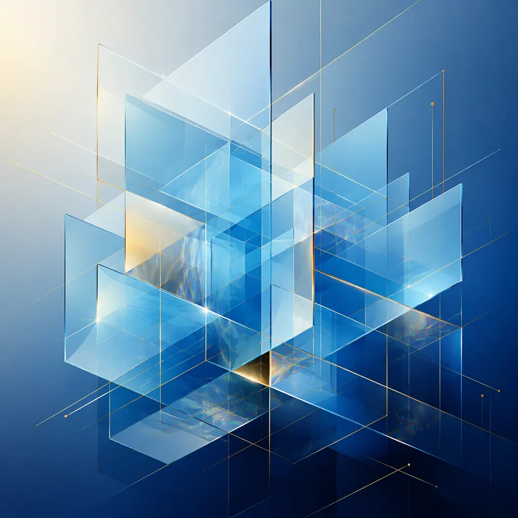 Abstract geometric composition suggesting modular financial building blocks — translucent panels stacking and interlocking against a cool gradient background with gold accent lines