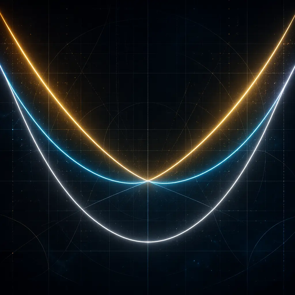 Abstract visualization of cost curves intersecting — three luminous arcs of different colors converging and diverging over a dark grid representing time and cost axes
