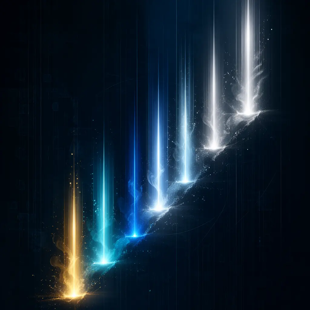 Luminous abstract composition of seven sequential light pillars ascending against a dark technical background — each pillar a different color from the brand palette