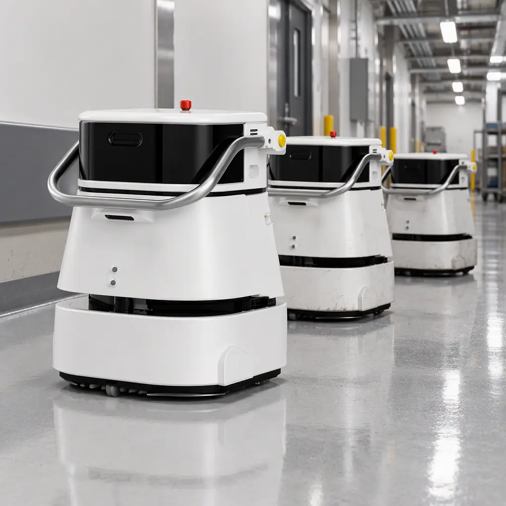 Several autonomous cleaning robots of the same model parked together in a service corridor, some newer and some worn, no people and no text