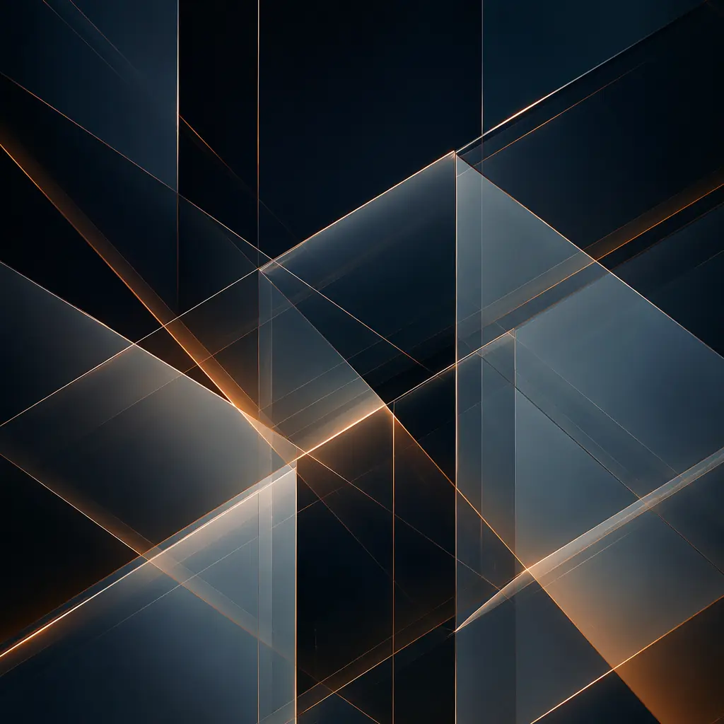 Abstract geometric composition of layered translucent panels intersecting at precise angles against a dark gradient background with copper accent highlights — suggesting structured decision frameworks and precision specification