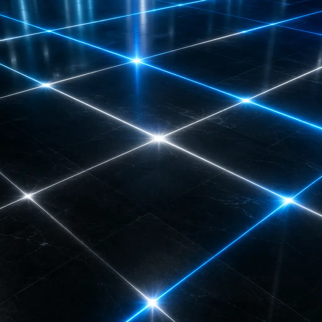 Abstract visualization of intersecting light beams forming a structured grid pattern
