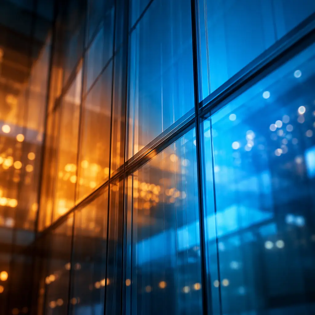 Warm amber and cool blue light gradients intersecting on a smooth architectural surface