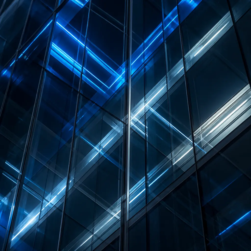 Clean, structured reflections of light beams on dark architectural glass