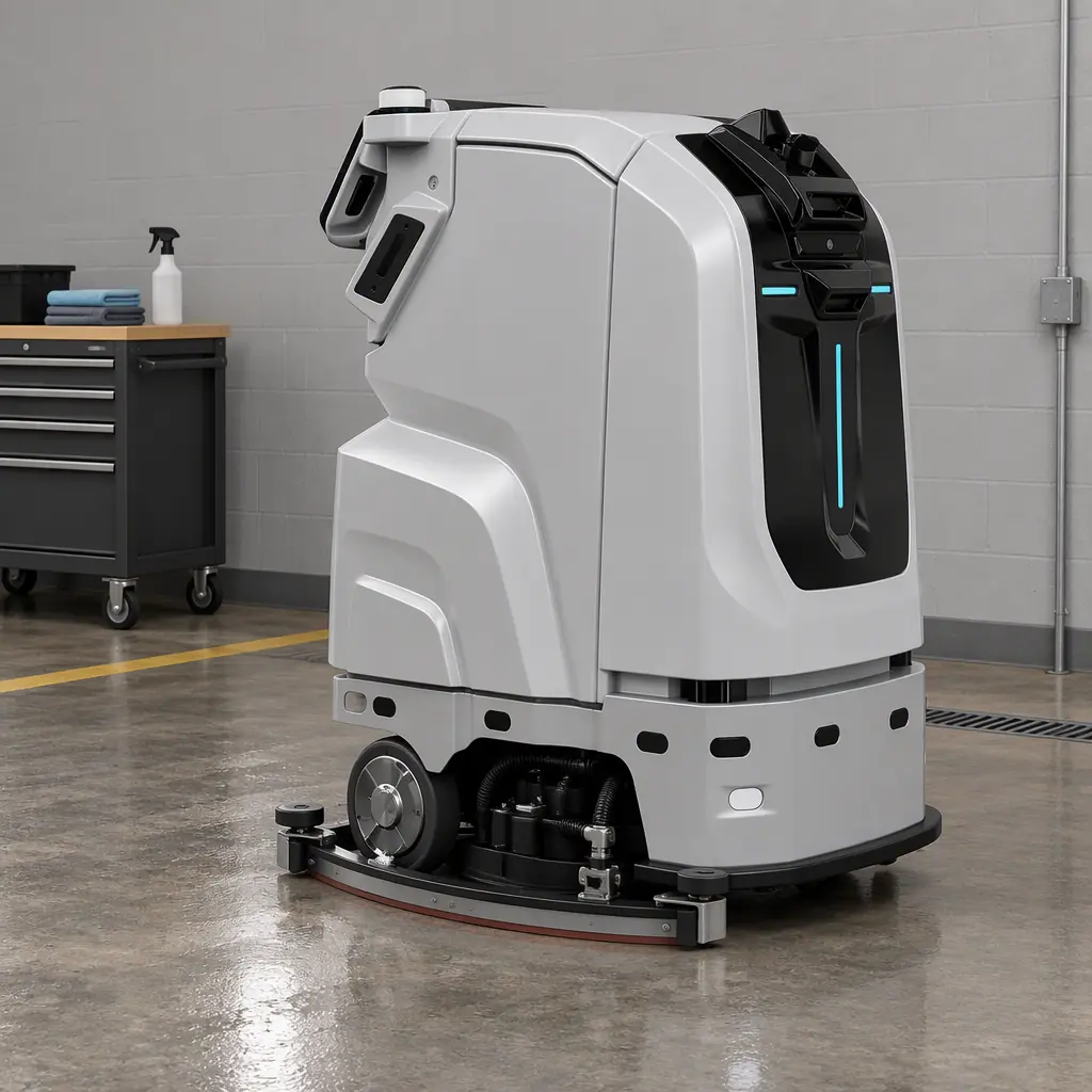 Photorealistic view of a large autonomous scrubbing machine finishing a pass across a polished hall floor, water sheen on the cleaned strip behind it, no people and no readable text