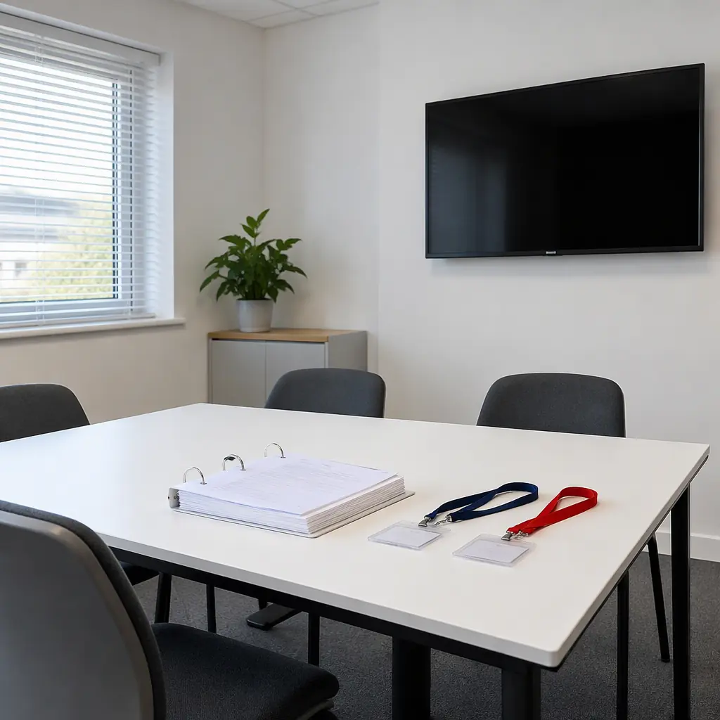 Photorealistic photograph of a small training session in a bright facility room, a cleaning robot docked beside a table with a printed handbook, folded hi-vis vests on chairs, no people faces and no text