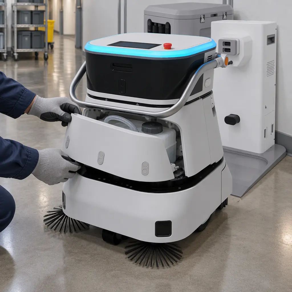 Photorealistic photograph of two pairs of hands loading a water tank onto a docked white floor-scrubbing robot in a facility corridor, a laminated instruction card clipped to the machine, no people faces and no text