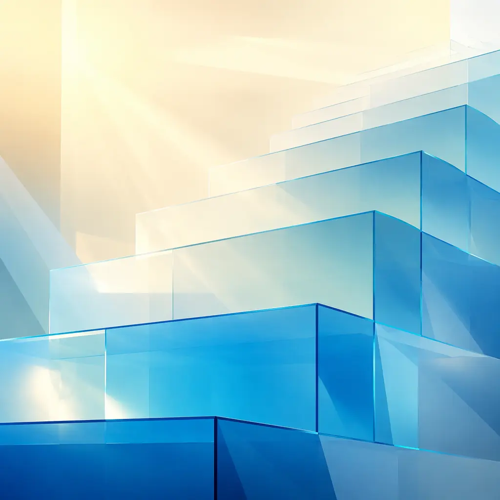 Abstract composition of intersecting geometric light planes forming a structured curriculum pathway against a deep navy gradient with amber and cyan accent beams suggesting knowledge transfer and professional development