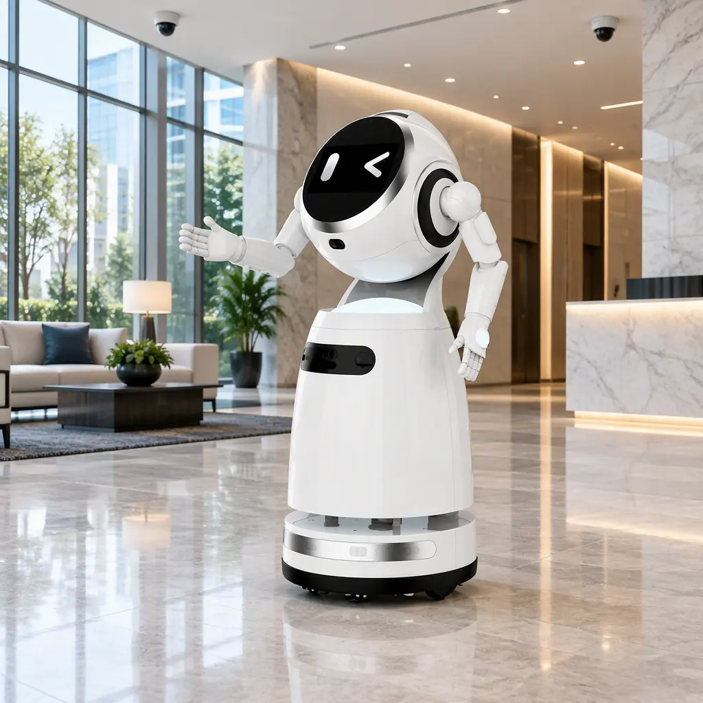 Photorealistic view of a large autonomous cleaning machine working a commercial lobby floor beneath overhead cameras and network access points, no people and no readable text