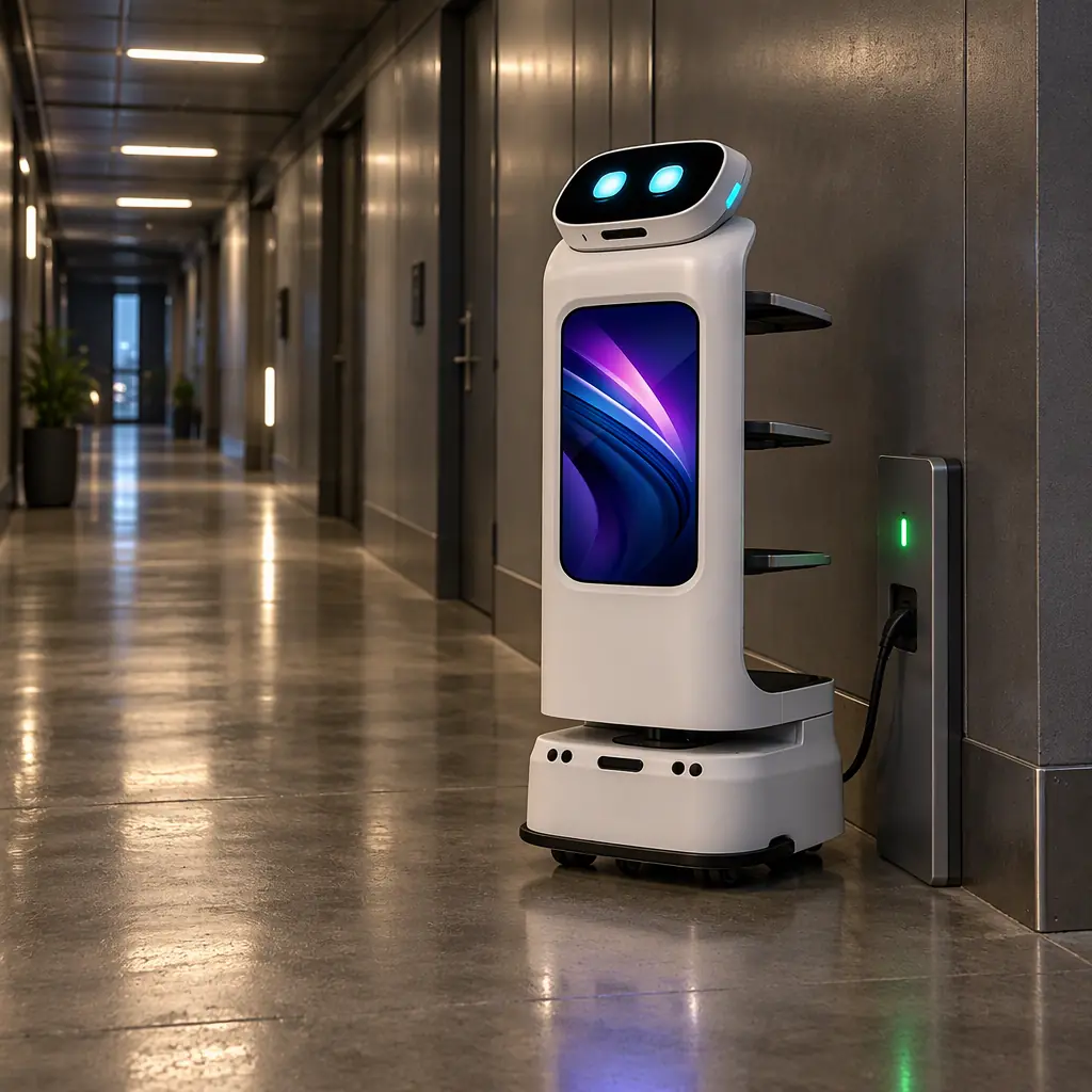 Photorealistic wide photograph of a service robot fleet docked at charging stations in a dim service corridor at night, status LEDs lit, no people and no text