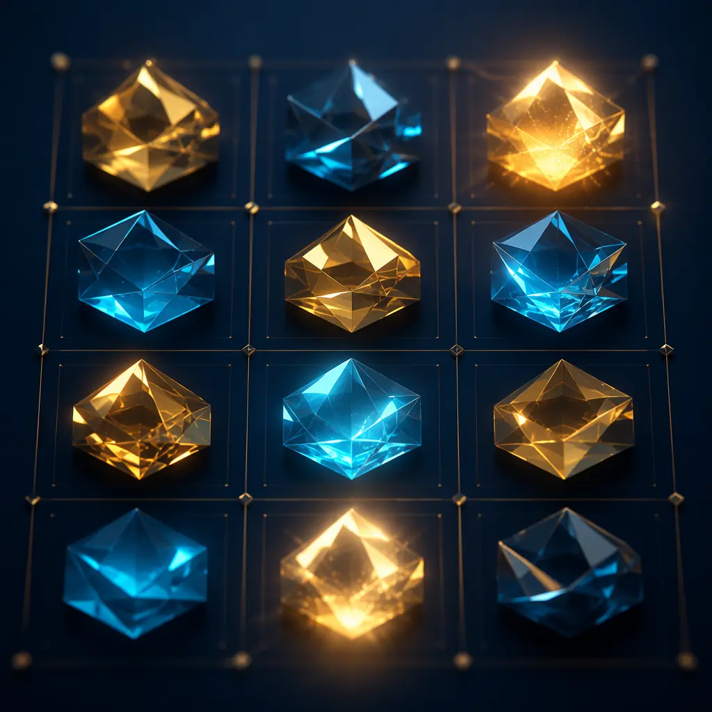Abstract geometric composition of intersecting crystalline planes in navy blue and cyan, forming a structured grid pattern that suggests systematic evaluation and measurement