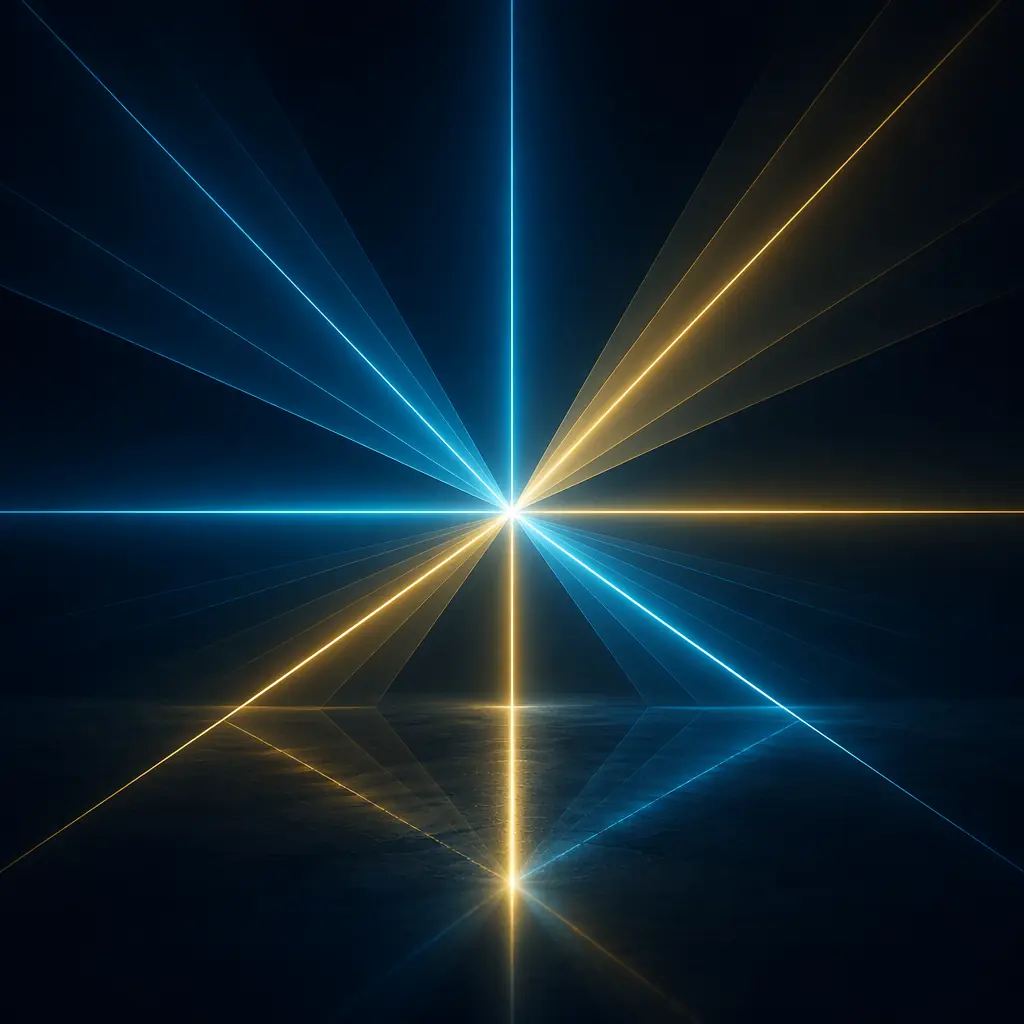 Converging beams of cyan and gold light meeting at a central focal point against deep navy, suggesting alignment, evaluation, and precision measurement