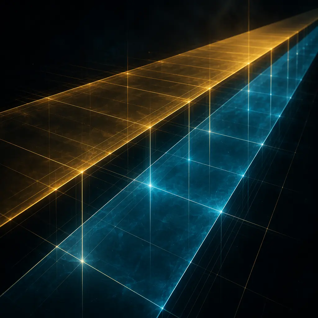Two parallel geometric planes — one gold, one cyan — intersecting through dark space with luminous grid lines, representing structured comparison and parallel evaluation across vendor dimensions