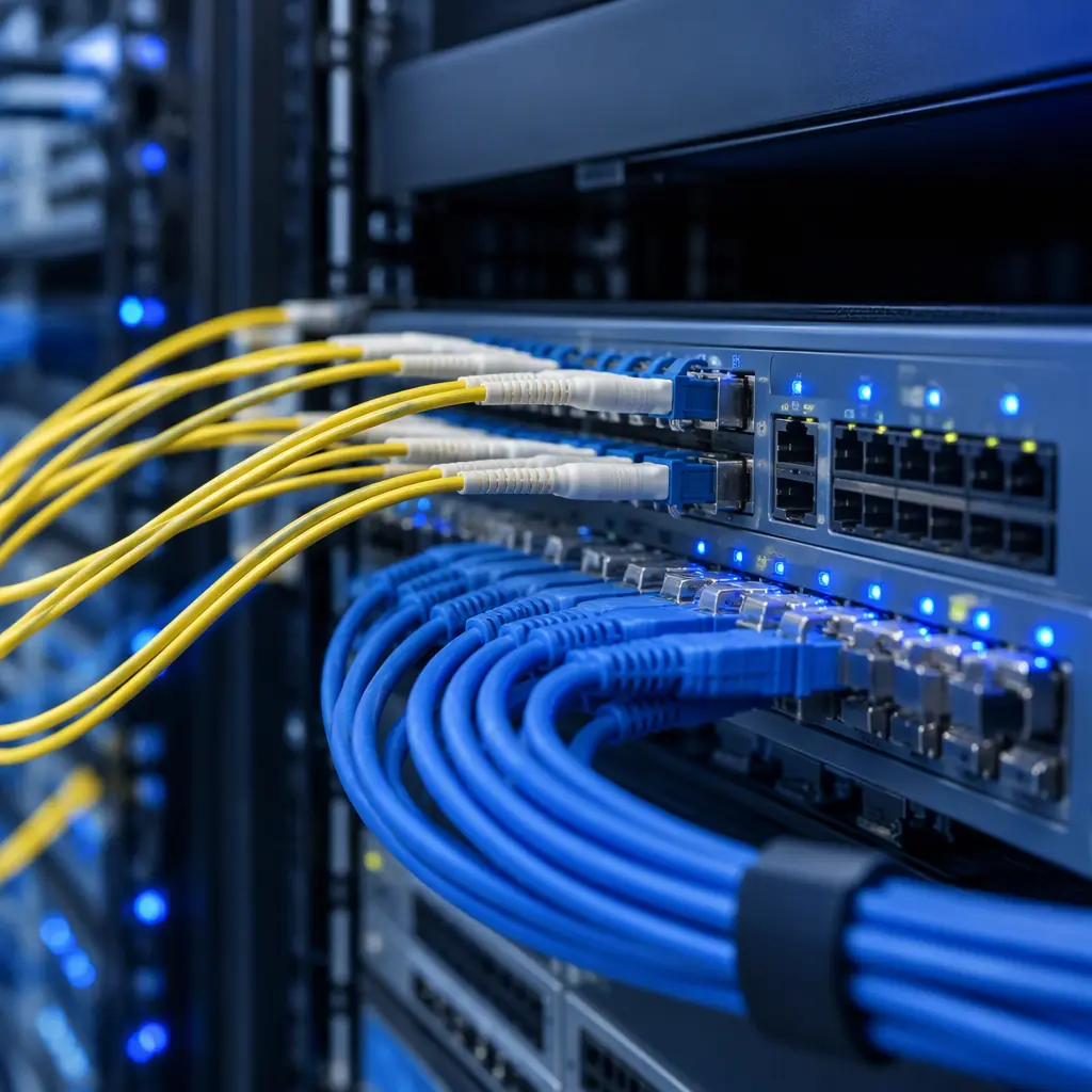 Photorealistic close-up of a rack-mounted network switch in a server room with fibre patch cables and a neat bundle of blue ethernet leads, cool blue indicator lights, shallow depth of field, no text and no logos