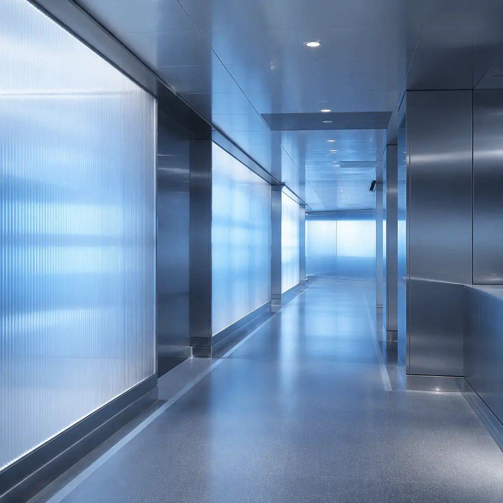Cool blue light diffusing through translucent geometric surfaces, suggesting the controlled, sterile atmosphere of a modern food processing cleanroom with metallic reflections on pristine surfaces