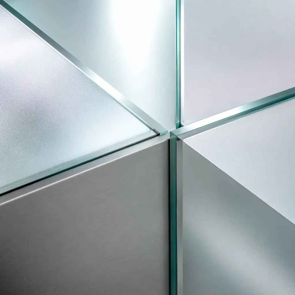 Converging geometric planes of translucent glass and brushed steel illuminated by diffuse cool white light, creating a sense of precision, sterility, and controlled industrial environment