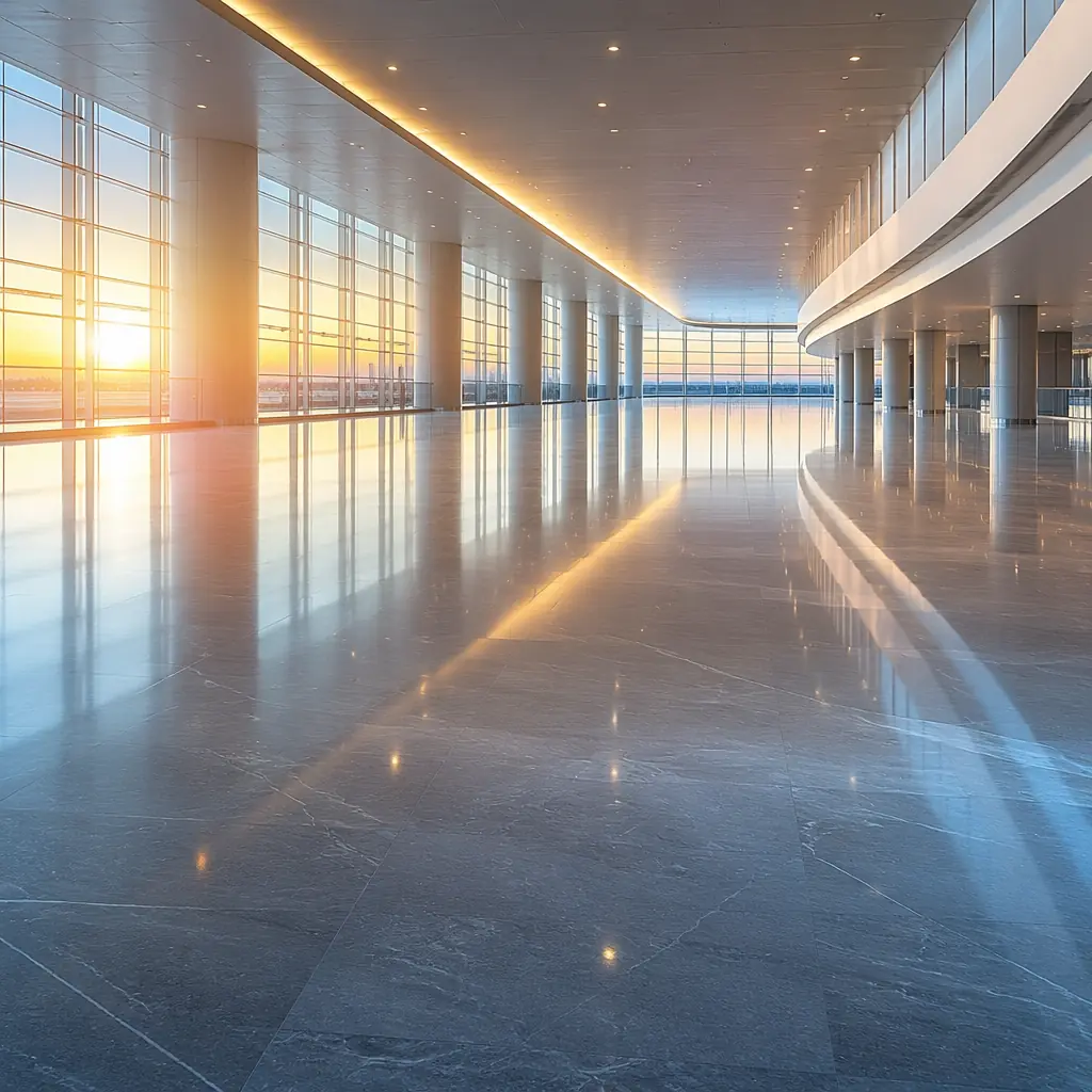 Polished airport terminal floor with overhead light reflections creating clean abstract patterns