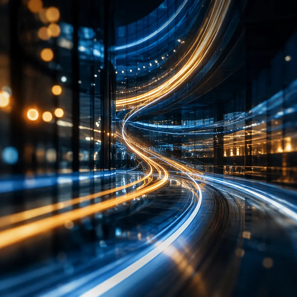 Abstract light trails representing autonomous delivery paths through terminal architecture