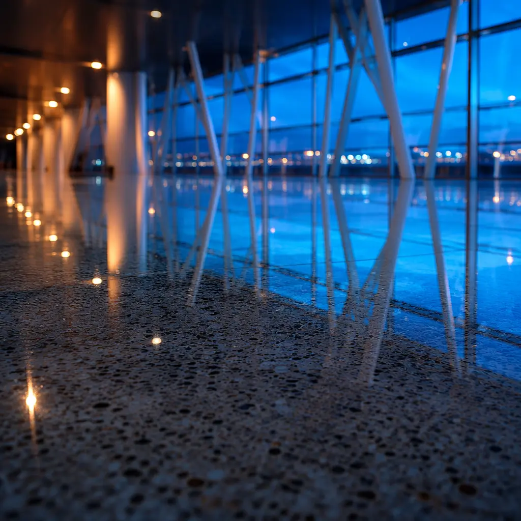 Soft glowing floor reflections in a vast terminal space with ambient blue light