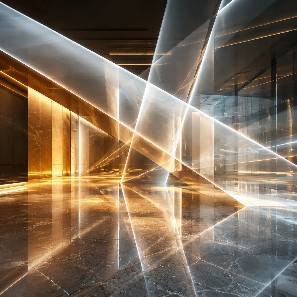 Abstract geometric light forms intersecting across a polished reflective floor with cool silver and warm amber tones, evoking the premium atmosphere of a modern automotive showroom with glass walls and dramatic lighting