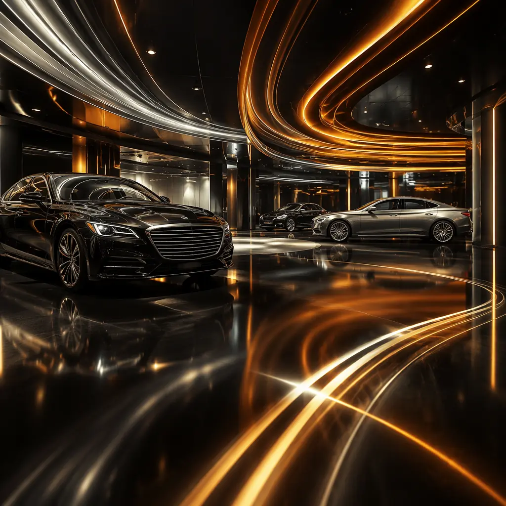 Flowing amber and silver light trails sweeping across a dark reflective surface, evoking the motion and polished environment of an automotive showroom with vehicles on display under dramatic lighting