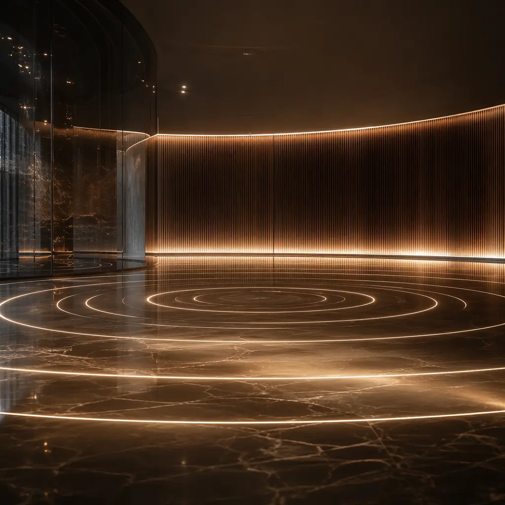 Concentric light patterns expanding across a dark polished floor with cool silver tones and warm amber highlights, creating an atmosphere of premium automotive retail with glass, chrome, and reflective surfaces