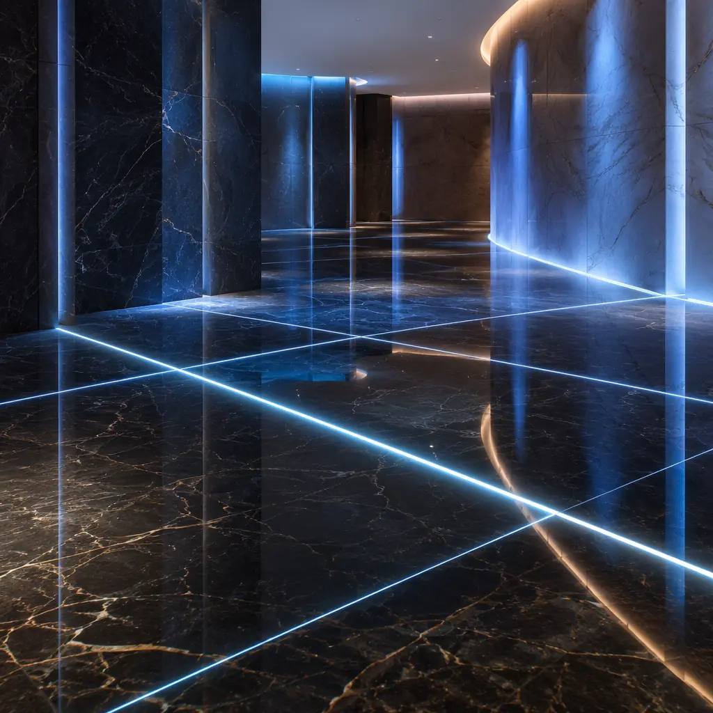 Abstract visualization of sleek geometric light paths intersecting across a polished dark marble floor, evoking the premium atmosphere of a modern bank lobby with reflective surfaces and ambient blue highlights