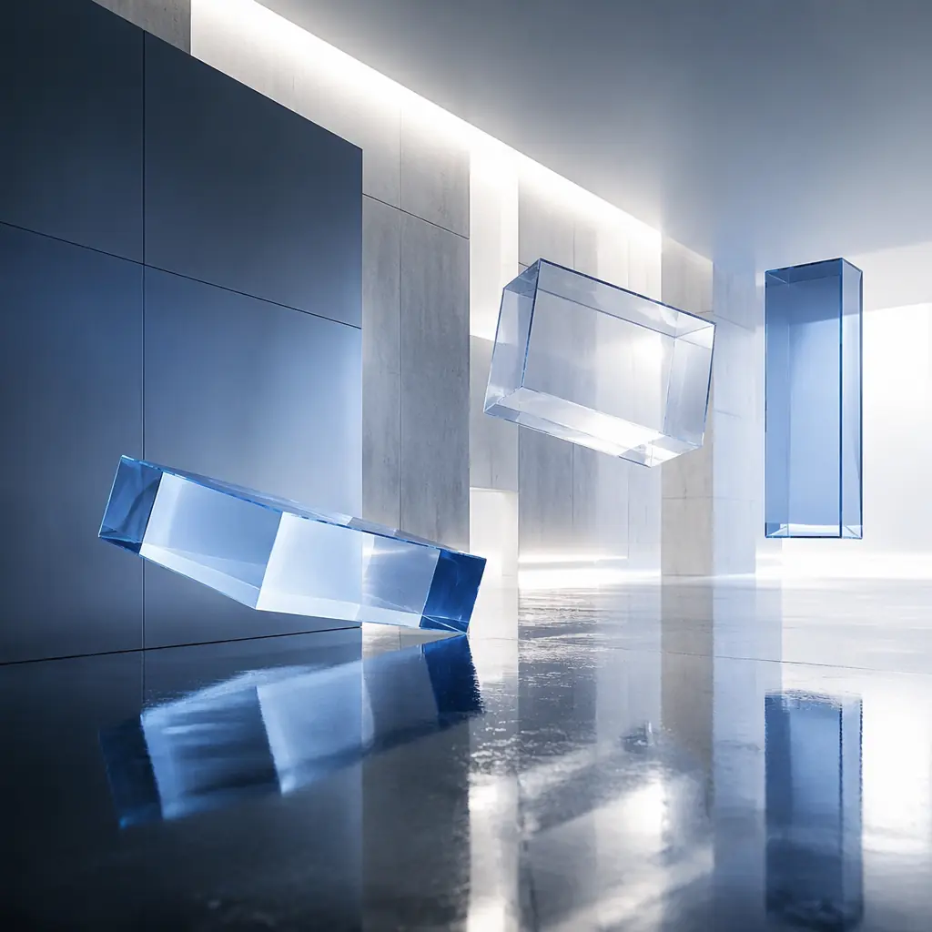 Luminous geometric forms floating above a reflective surface with cool blue undertones, suggesting the structured precision of banking environments and the intersection of technology with institutional space