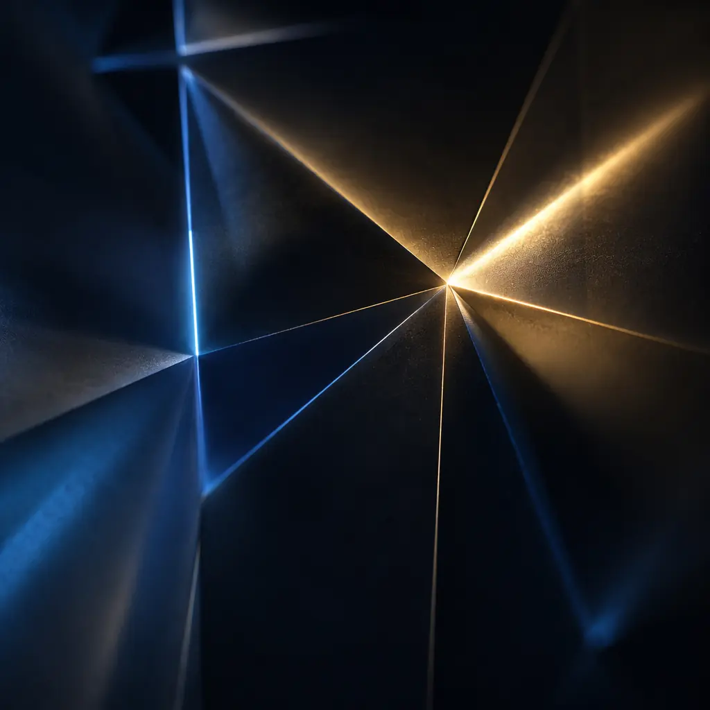 Soft prismatic light rays intersecting on a dark surface with subtle gold and blue highlights, creating an atmosphere of institutional elegance and technological precision suited to a premium financial environment