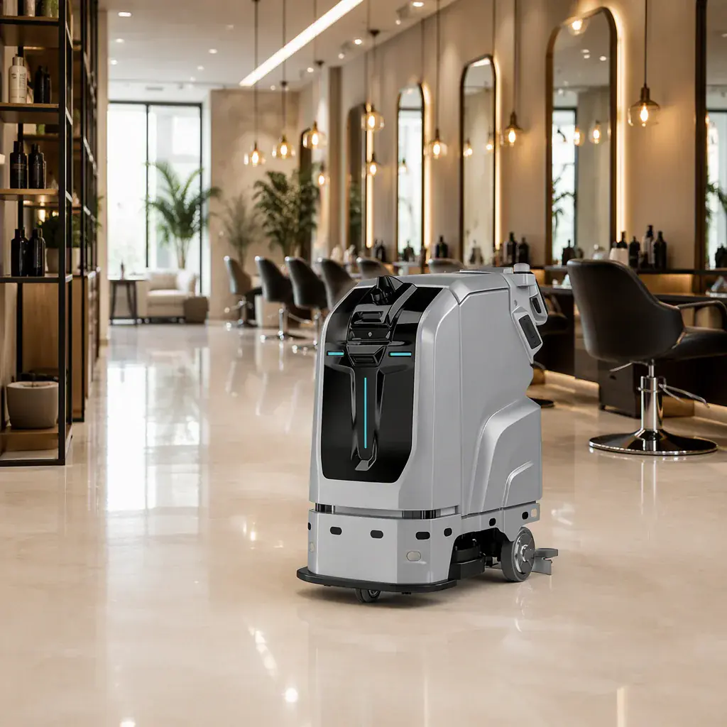 CLEINBOT M79 autonomous floor scrubbing robot cleaning the polished floor of a modern high-end beauty salon, styling stations with mirrors and warm lights in the background, soft daylight
