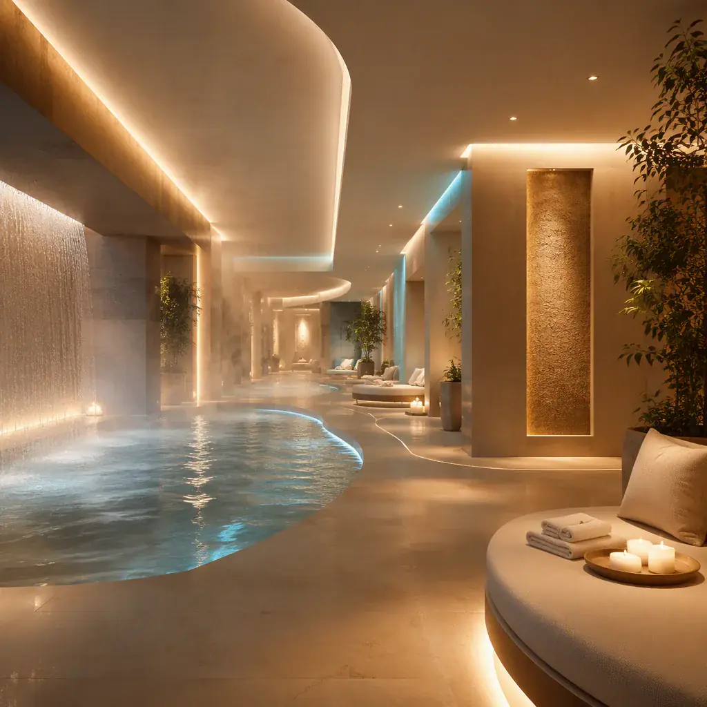 Abstract luxury spa atmosphere, soft warm light diffusing through a minimalist wellness interior, cream and gold tones with subtle cyan accent lighting, gentle water surface reflections, calm serene composition