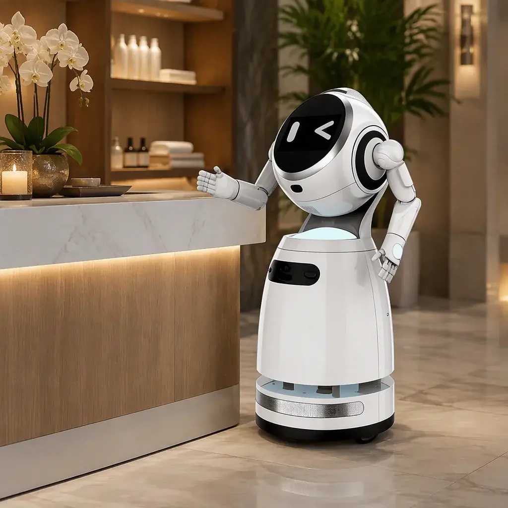 CRUZR humanoid service robot at the reception desk of an upscale wellness spa, warm ambient lobby lighting, marble counter and soft botanical decor