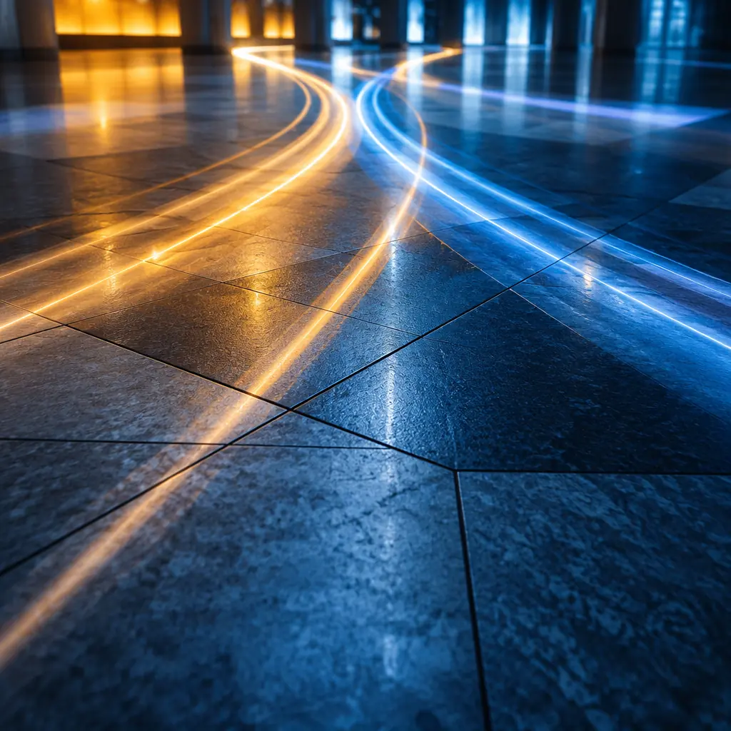 Abstract composition of converging light trails in cool blue and warm amber, intersecting across a polished stone floor surface suggesting the directional flow of passengers through a transit concourse