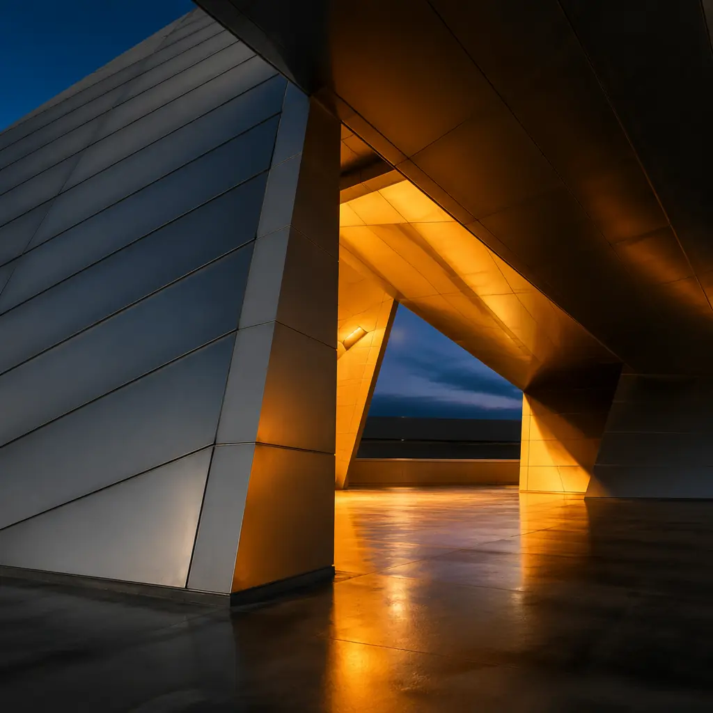 Abstract visualization of massive geometric steel forms with warm amber light spilling through angular openings, suggesting the industrial scale of cargo terminal architecture