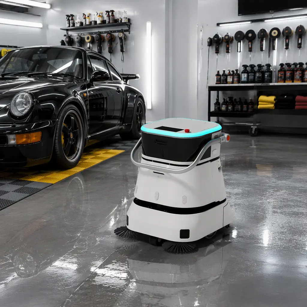 AOMAN C2 Pro compact scrubber cleaning the floor of a car detailing bay