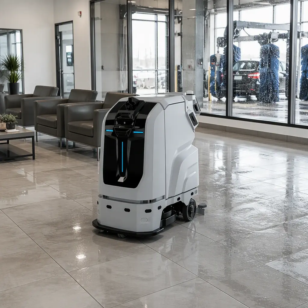 AOMAN C1 scrubber cleaning the polished floor of a car wash waiting lobby