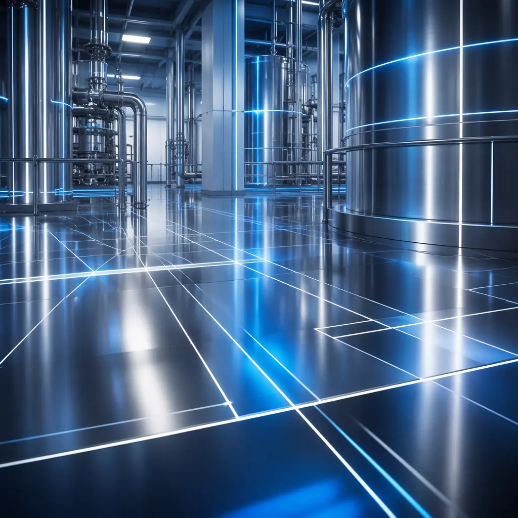 Cool silver and deep blue geometric light patterns flowing across a polished industrial surface, evoking the precision and sterility of a modern chemical processing facility with stainless steel equipment and controlled lighting