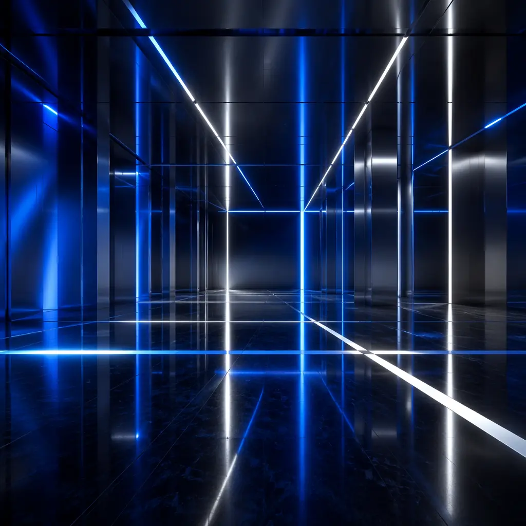 Deep blue and chrome silver light beams intersecting across a dark reflective floor, evoking the industrial precision of a petrochemical control room and process area corridor
