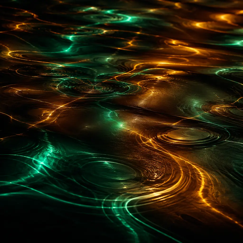 Emerald green and warm amber light waves rippling across a dark metallic surface, evoking the controlled chemical reactions and precision instrumentation of a modern processing facility