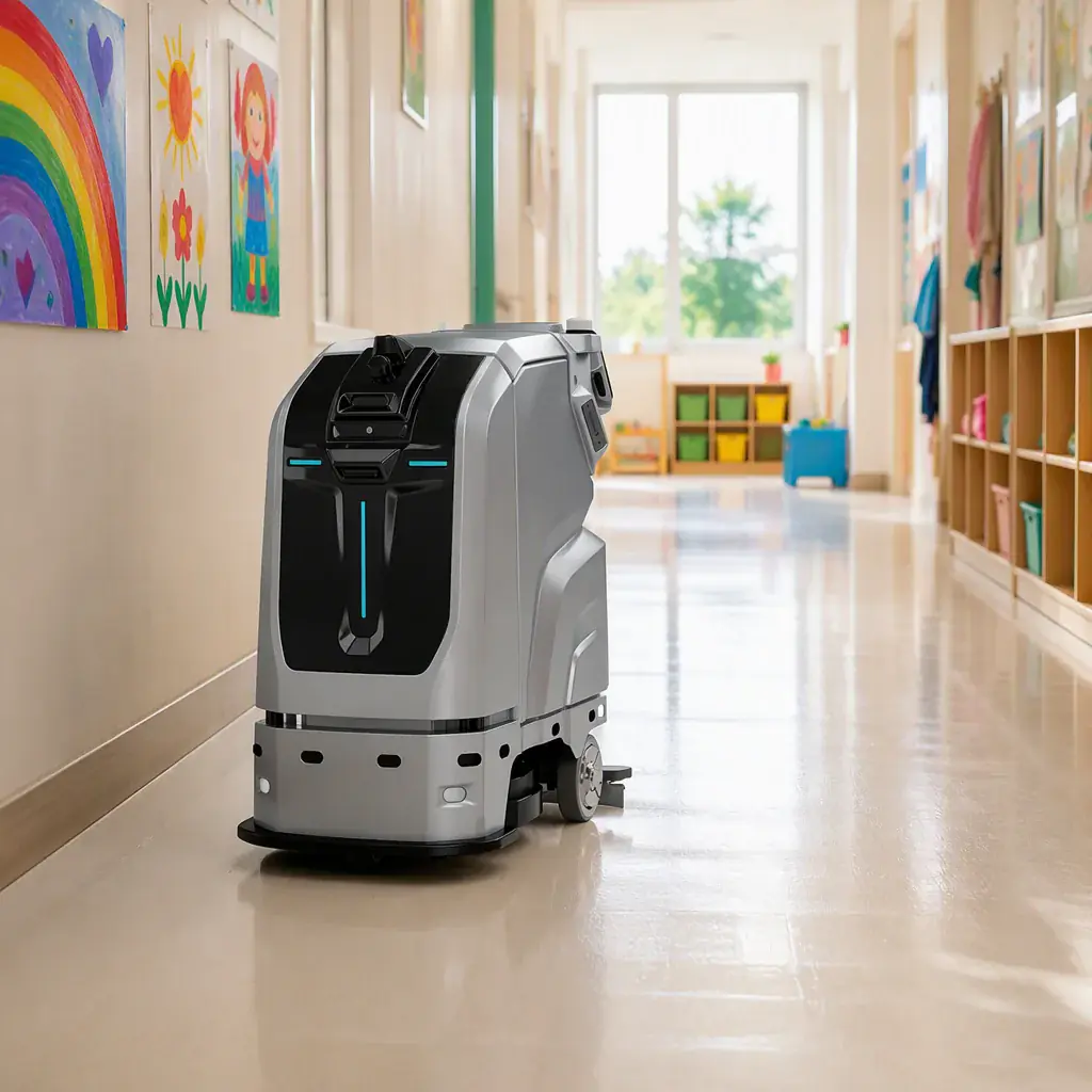 CLEINBOT M79 autonomous floor scrubbing robot cleaning a bright cheerful daycare center hallway, colorful children's artwork on the walls, low-height cubbies and soft morning light