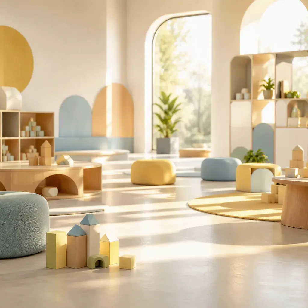 Abstract early childhood atmosphere, soft pastel color palette with warm golden light streaming across a smooth floor, gentle geometric shapes evoking building blocks and rounded furniture, cyan and gold accents, bright airy composition
