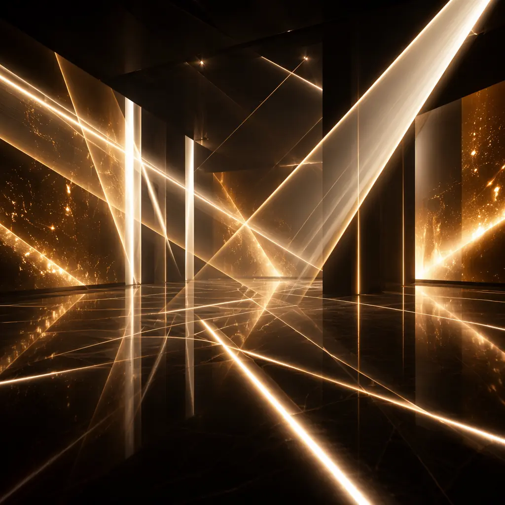 Abstract visualization of sweeping light beams intersecting across a dark reflective floor, with warm amber highlights — evoking the cinematic projection experience and the intersection of technology with entertainment spaces